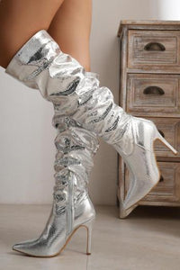 Glamybabes Stylish silver snakeskin pu leather pointed toe zip-up high-heel boots JA001997 - Girlmerry.com