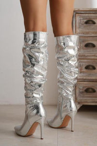 Glamybabes Stylish silver snakeskin pu leather pointed toe zip-up high-heel boots JA001997 - Girlmerry.com